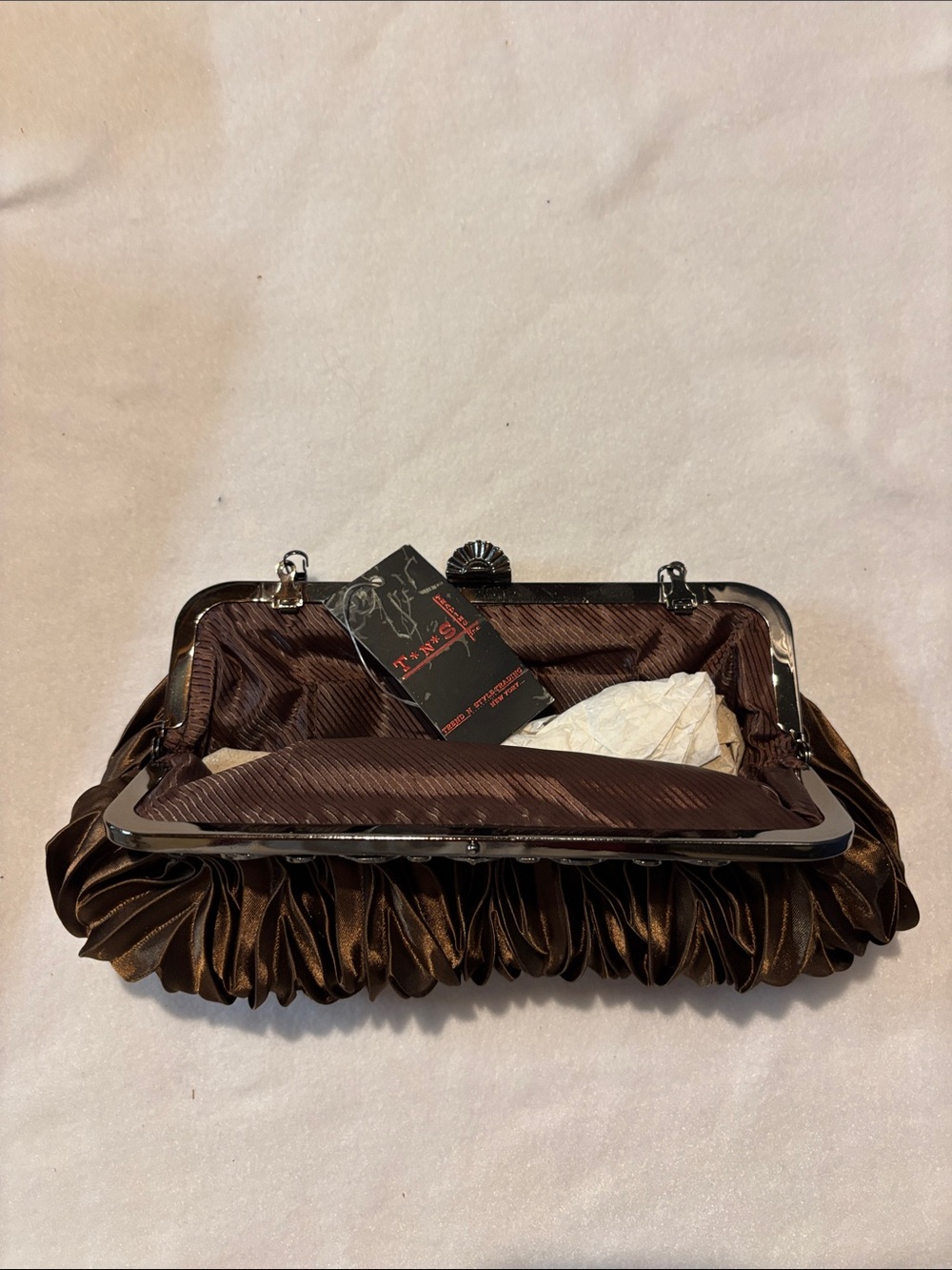 Evening Satin Ruched Clutch Bag - Brown